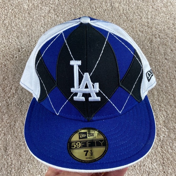 New Era 59FIFTY Los Angeles Dodgers Fitted Hat Argyle Blue Black White 7 1/2 - Picture 1 of 9